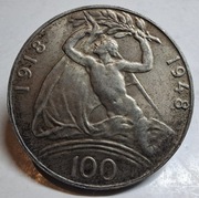 Moneta Czechosłowacja 100 Koron 1918 1948 Niepodległość srebro