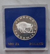 Srebrna moneta 100 zł z 1977 r. - "Ochrona Środowiska" - żubr