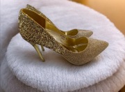 Złote Szpilki seastar blue na obcasie błyszczące z cekinami