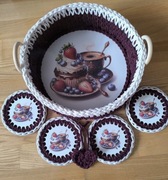 Zestaw kawowy na stół taca i podkładki pod kubek ręcznie wykonane 