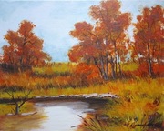 OBRAZ RĘCZNIE MALOWANY PEJZAŻ AKRYLOWY "BRĄZY I ZŁOCIENIE" - 24x30cm