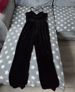 Czarny kombinezon damski S welurowy aksamitny długi odkryte plecy elegancki