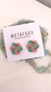Kolczyki Miyuki geometryczne spiralne turkus koral handmade hipoalergiczne