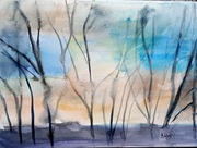 Zimowy poranek, akwarela, A4, pejzaż, Skoczyk 