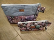 Kosmetyczki,komplet , niebieskie sztruks i materiał wodoodporny w kwiaty