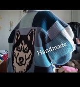 Sweter kardigan z kieszeniami husky wilk pies vintage handmade oversize 