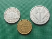 FRANCJA Starsza - Zestaw 3 monet każda inna 1 2 10 Francs 1951 1943 k70