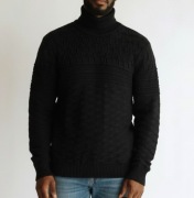 Czarny męski sweter z golfem, efektowny teksturowy splot / M 