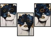 Plakaty Kobiety ,niebieskie maki, złoto ,krem ,nowoczesne 3 szt.- 50x70cm