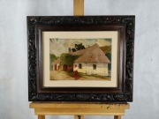 Obraz olejny, wiejska chata strzecha z postaciami, Jan Kostka 057