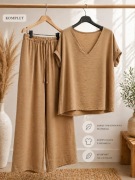 Garnitury komplet damski ze spodniami szerokimi uniwersalny Karmel 