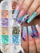 OZDOBY DO PAZNOKCI KOLOROWE BROKATOWE CEKINY ZESTAW 12 KOLORÓW