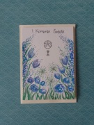 Kartka komunijna ręcznie wykonana z ręcznie malowanymi kwiatami 