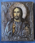 Duża Ikona Chrystus Pantokrator Rosja srebrna ryza 1870 r. 31,5 X 26 cm