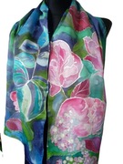 Szal ręcznie malowany "PIWONIA" w kolorach błękitu, różu, 100% jedwab