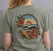 100% Bawełna Khaki zielona koszulka z nadrukiem kwiatów i zachodu słońca