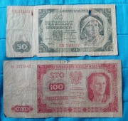 Polskie stare banknoty PRL okupacja niemiecka 50,100 zł 1948 rok