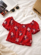 Czerwona Krótka Bluzka H&M Hiszpanka M - Wiskoza 95%