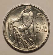 5 zł., złotych Rybak 1974. BEZ INICJAŁÓW PROJEKTANTA. RRR! Bardzo rzadkie!