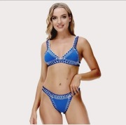 Niebieski Ręcznie Robiony Zestaw Bikini Damski Strój Kąpielowy Plażowy 