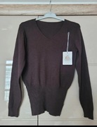 czekoladowy sweter z dekoltem V lurex nowy z metką