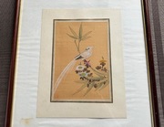 Obraz na jedwabiu ptak na kwitnącej gałęzi ręcznie malowany orientalny