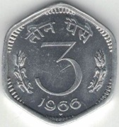 Indie 3 pajsy paise 1966 B - 21,3 mm - Bombaj - nr 3