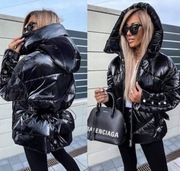 Kurtka zimowa puchowa lakierowana czarna damska 36