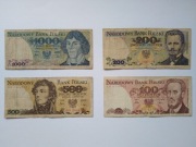 Zestaw banknotów: 1000 i 500 zł - 1982 r, 200 zł - 1988 r, 100 zł - 1986 r.