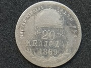 Austro-Węgry, Franc. Józef I, Węgry 20 krajczarów, krajcarów 1869. Rzadsza.