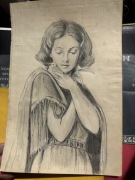 Stary oryginalny rysunek ołówkiem kobieta z ptakiem vintage XX w