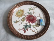 VINTAGE CERAMICZNA DUŻA TACA  Z MIEDZIANYM  OZDOBNYM OKUCIEM