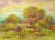 KRAJOBRAZ 34x45 PEJZAŻ chaty impresja * WIEŚ