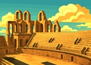 Tunezja - El Jem - Słoneczne Ruiny Rzymskiego Amfiteatru - plakat vintage