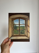 Obraz pejzaż plenerowy widok z okna na płycie malarskiej prezent 18*24 cm