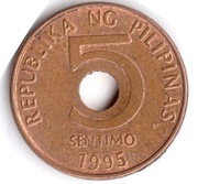 FILIPINY 5 sentimo 1995, KM# 270.1, AU