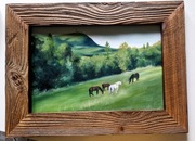 Obraz na desce, ręcznie malowany "Konie na pastwisku" 20x30cm