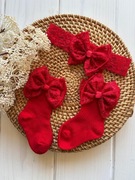 Czerwone skarpetki z opaską dla niemowlaka koronkowa kokarda  0-6 6-12 