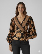 Koszula damska w kwiaty z długim rękawem czarna S 36 kopertowa