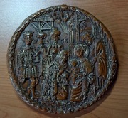 Stara okrągła ozdoba ścienna wosk pszczeli  Pokłon Trzech Króli 