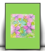 różowo zielony obrazek z kwiatkami, ogród rysunek 21x3, kwiaty plakat