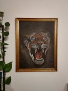 Tiger, vinted, boho, olej na płótnie 