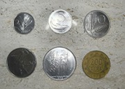 Liry włoskie monety. Zestaw monet 2,5,10,50,100,200 lir kolekcjonerskie.