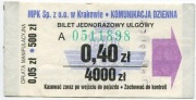 Bilet MPK Kraków - 0,40zł/4000zł + opłata manipul.
