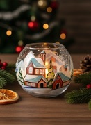 Prezent. Ręcznie malowany szklany świecznik. Góry i zimowa wioska. 10 cm