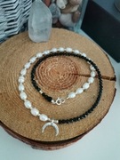 Naszyjnik na lince czarne kamienie perła spinel turmalin onyks lunula  