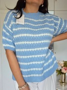 Sweter z krótkim rękawem w paski dziergany luźny szerokie rękawy