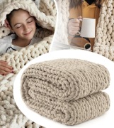KOC Z DZIANINY 130 X 160 BEŻOWY NARZUTA SZENILOWA PLECIONA MIĘKKA GRUBA DUŻ