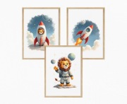 Zestaw 3 plakatów  A4 do pokoju dziecięcego | Lew Kosmonauta