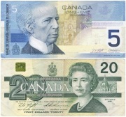 Kanada P-97c 20 dolarów 1991 Knight/Thiessen P-101b 5 $ 2003 Knight/Dodge